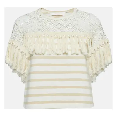 See by Chloe Beige Crochet Trim Stripe Cotton T-Shirt