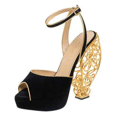 Charlotte Olympia Black/Gold Suede Avalon Peep Toe Platform Wire Heel Ankle Strap Sandals Size