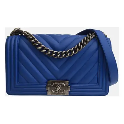 Chanel Blue Calfskin Old Medium Chevron Boy Bag