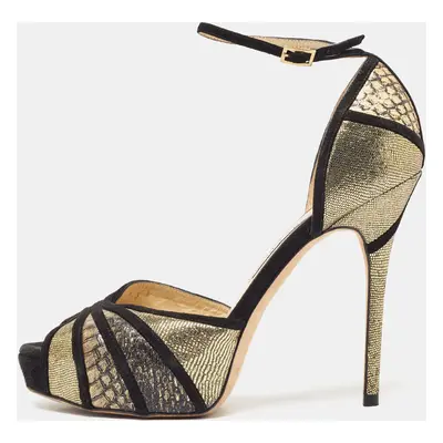 Jimmy Choo Black Suede and Gold Python Leather Kalpa Ankle Strap Sandals Size