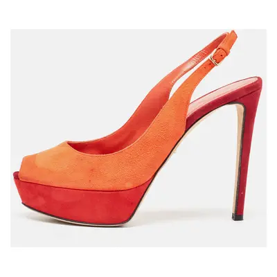 Sergio Rossi Orange Suede Peep Toe Platform Slingback Pumps Size