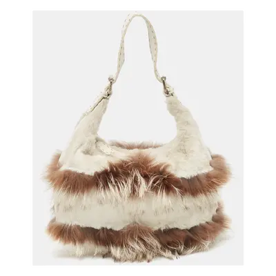 Fendi White/Brown Selleria Leather and Rabbit Fur Zip Hobo