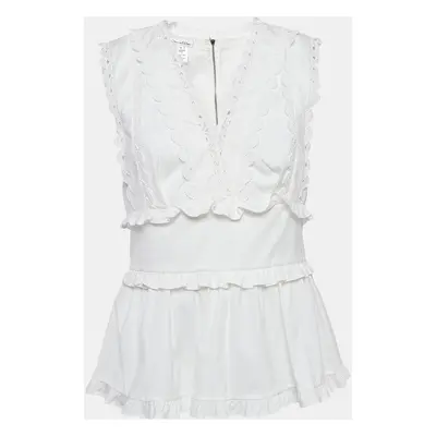 Oscar de la Renta White Lace Trim Cotton Ruffled Peplum Top