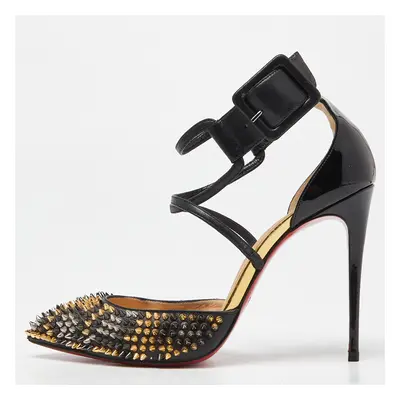 Christian Louboutin Black Leather and Patent Leather Suzanna Spikes Leo Ankle Cuff Sandals Size