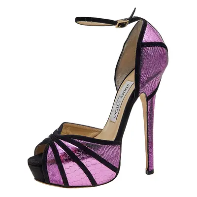 Jimmy Choo Metallic Pink Python Embossed Leather And Suede Platform Ankle Strap Sandals Size