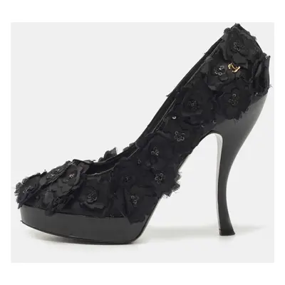 Chanel Black Fabric Organza Camellia CC Flower Platform Pump Size