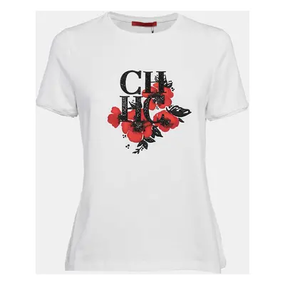 CH Carolina Herrera White Logo Embellished Floral Print Jersey T-Shirt