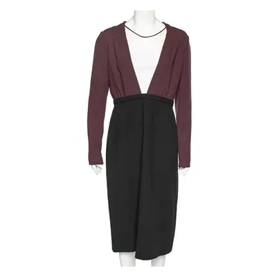 Miu Miu Black-Burgundy Textured Wool Plunge Neck Midi Dress