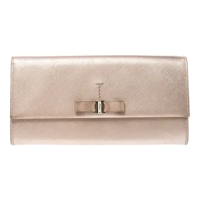 Salvatore Ferragamo Beige Metallic Leather Bow Continental Wallet