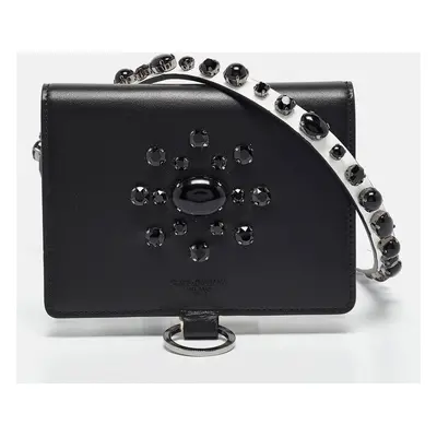 Dolce & Gabbana Black Leather Crystal Embellished Flap Crossbody Bag