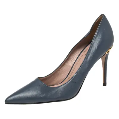 Gucci Blue Leather Adina Horsebit Pointed Toe Pumps Size