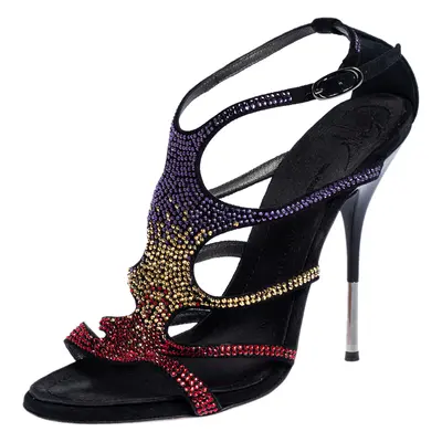 Giuseppe Zanotti Black Multicolor Crystal Embellished Suede Cut Out Sandals Size