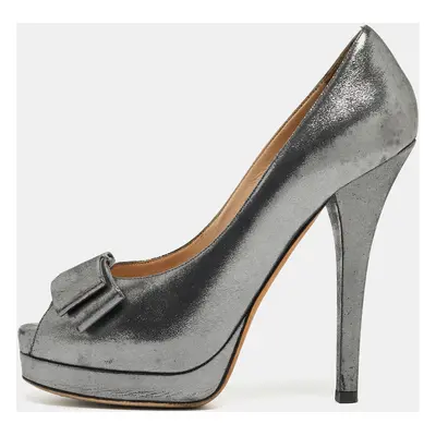 Fendi Grey Leather Bow Peep Toe Platform Pumps Size