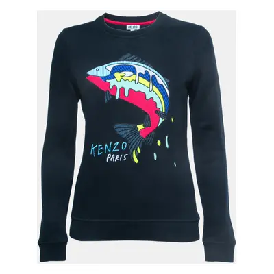 Kenzo Navy Blue Logo Shark Embroidered Cotton Crew Neck Sweatshirt