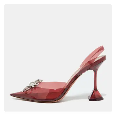 Amina Muaddi Red PVC Rosie Crystal Embellished Slingback Sandals Size