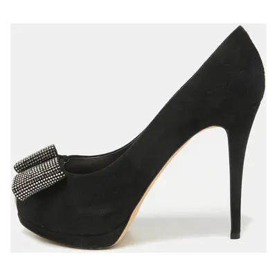 Giuseppe Zanotti Black Suede Crystal Embellished Bow Peep Toe Platform Pumps Size