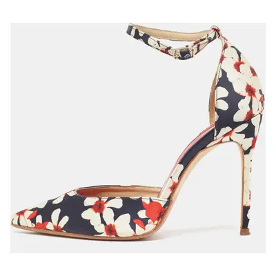 CH Carolina Herrera Tricolor Floral Print Satin Ankle Strap Pumps Size