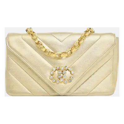 Chanel Metallic Gold Lambskin Leather Small Faux Pearl V Stitch Shoulder Bag