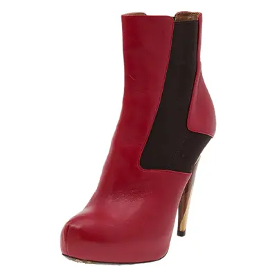 Fendi Red/Brown Leather And Stretch Fabric Platform Ankle Boots Size 37.5