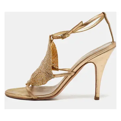 Giuseppe Zanotti Gold Leather Crystal Embellished Sandals Size 38.5