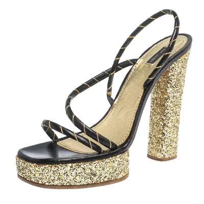 Marc Jacobs Black/Gold Leather And Glitter Fabric Slingback Platform Sandals Size