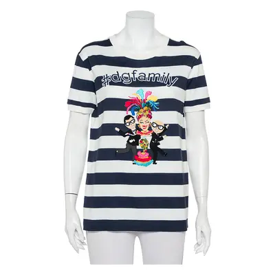 Dolce & Gabbana White & Navy Blue Striped Cotton Patch Detail Crewneck T-Shirt