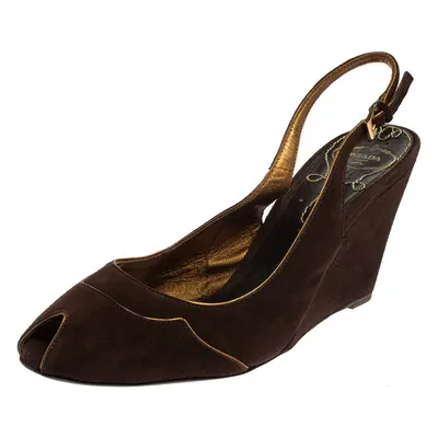 Prada Brown Suede Wedge Peep Toe Sandals Size