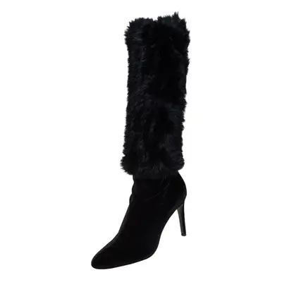 Giuseppe Zanotti Black Stretch Fabric And Fur Bimba Knee High Boots Size