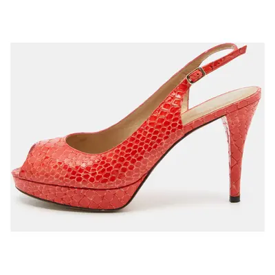 Stuart Weitzman Orange Python Embossed Leather Peep Toe Platform Slingback Pumps Size