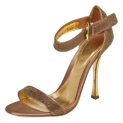 Sergio Rossi Gold Satin And Crystal Embellished Studded Ankle Strap Sandals Size