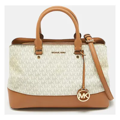 Michael Kors Brown/White Signature Coated Canvas and Leather Savannah Satchel