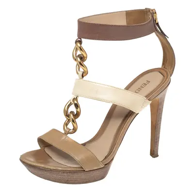 Fendi Beige/Brown Leather Chain Ankle Strap Sandals Size