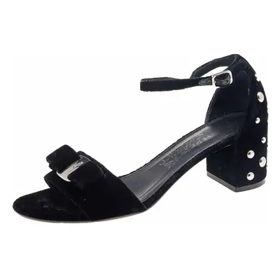 Salvatore Ferragamo Black Velvet Studded Block Heel Ankle Strap Sandals Size