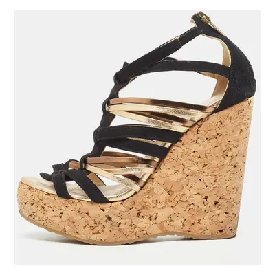 Jimmy Choo Black/Gold Suede and Leather Wedge Sandals Size