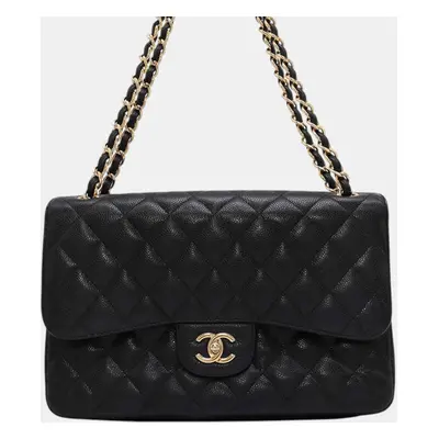 Chanel Black Caviar Leather Matelasse Double Flap Chain Shoulder Size