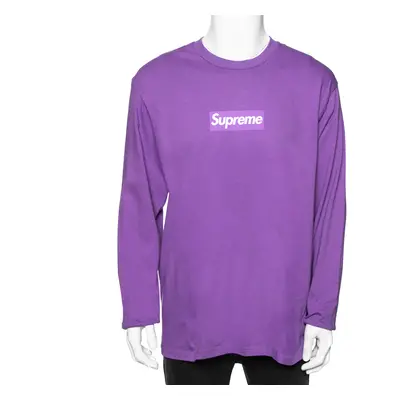 Supreme Purple Cotton Logo Printed Crew Neck T-Shirt