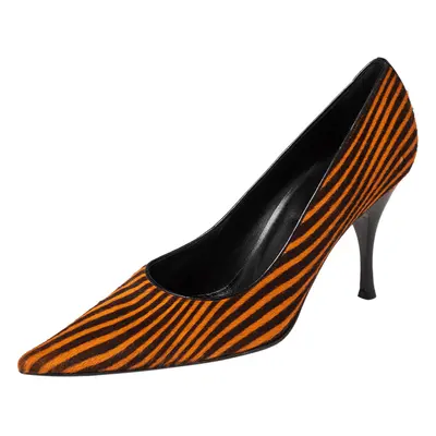 Sergio Rossi Orange/Brown Stripes Print Pony Hair Pointed Toe Pumps Size