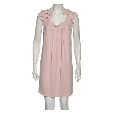 Valentino Pink Chiffon Bow Applique Pleated Yolk Detailed Shift Dress