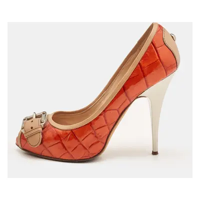 Giuseppe Zanotti Orange Embossed Croc Buckle Detail Peep Toe Pumps Size