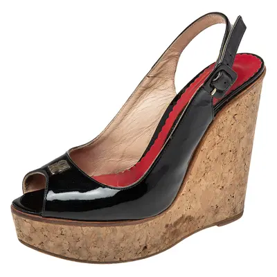 CH Carolina Herrera Black Patent Leather Peep-Toe Cork Wedge Platform Slingback Sandals Size