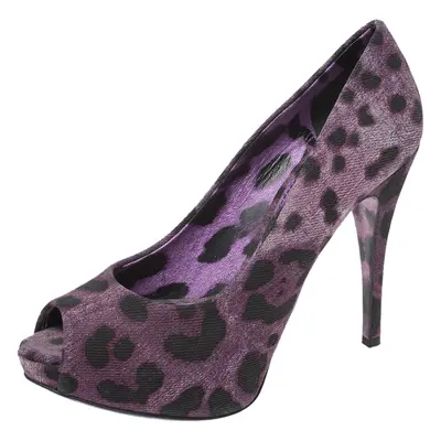 Dolce & Gabbana Purple/Black Leopard Print Denim Peep Toe Platform Pumps Size 36.5