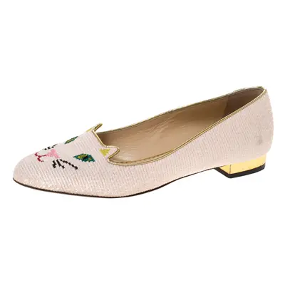 Charlotte Olympia Beige Embroidered Canvas Emoticat Cheeky Kitty Ballet Flats Size