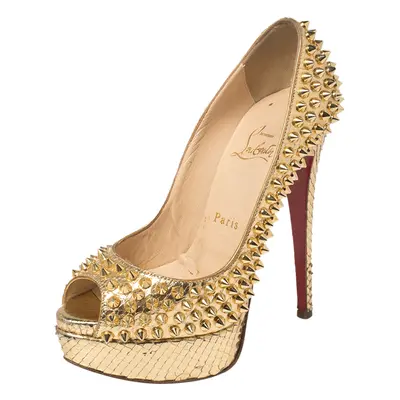 Christian Louboutin Metallic Gold Python Leather Lady Peep Toe Spike Platform Pumps Size