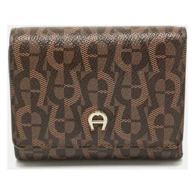 Aigner Dark Brown Monogram Coated Canvas Logo Trifold Wallet