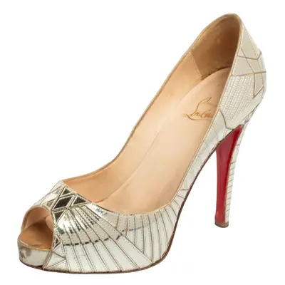 Christian Louboutin Dull Gold Mirror Leather Very Galaxy Art Deco Peep-Toe Pumps Size