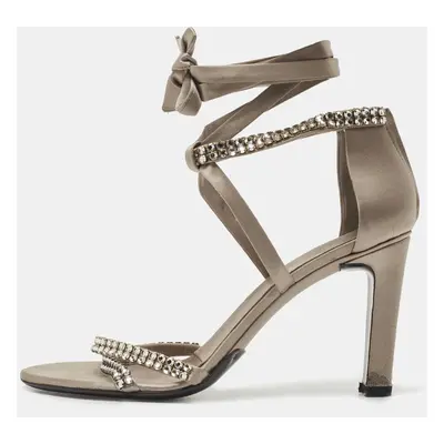 Gucci Grey Satin Crystal Embellished Ankle Wrap Sandals Size 37.5