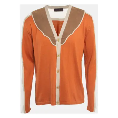 Etro Orange Faux Suede Trim Knit Panel Detail Button Front Cardigan