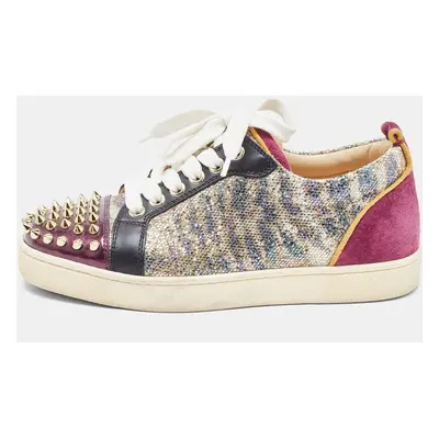 Christian Louboutin Multicolor Leather and Glitter Spikes Louis Junior Sneakers Size