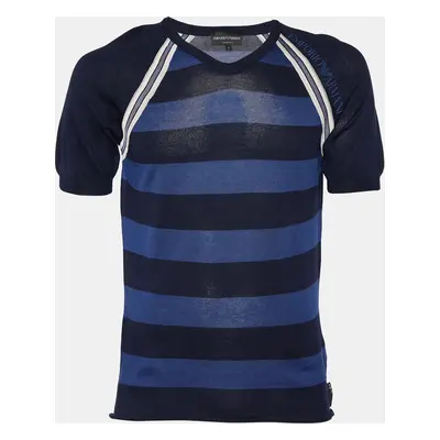 Emporio Armani Navy Blue Striped V-Neck Sweater