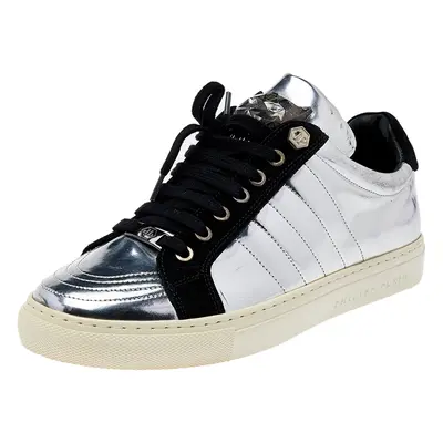 Philipp Plein Silver /Black Leather And Suede Low Top Sneakers Size